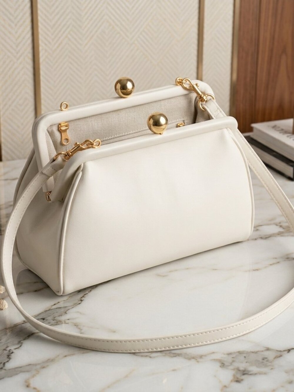 Shoulder Crossbody Bag Full Leather Linen Lined Pearl White Zip Pocket Fairy Lux